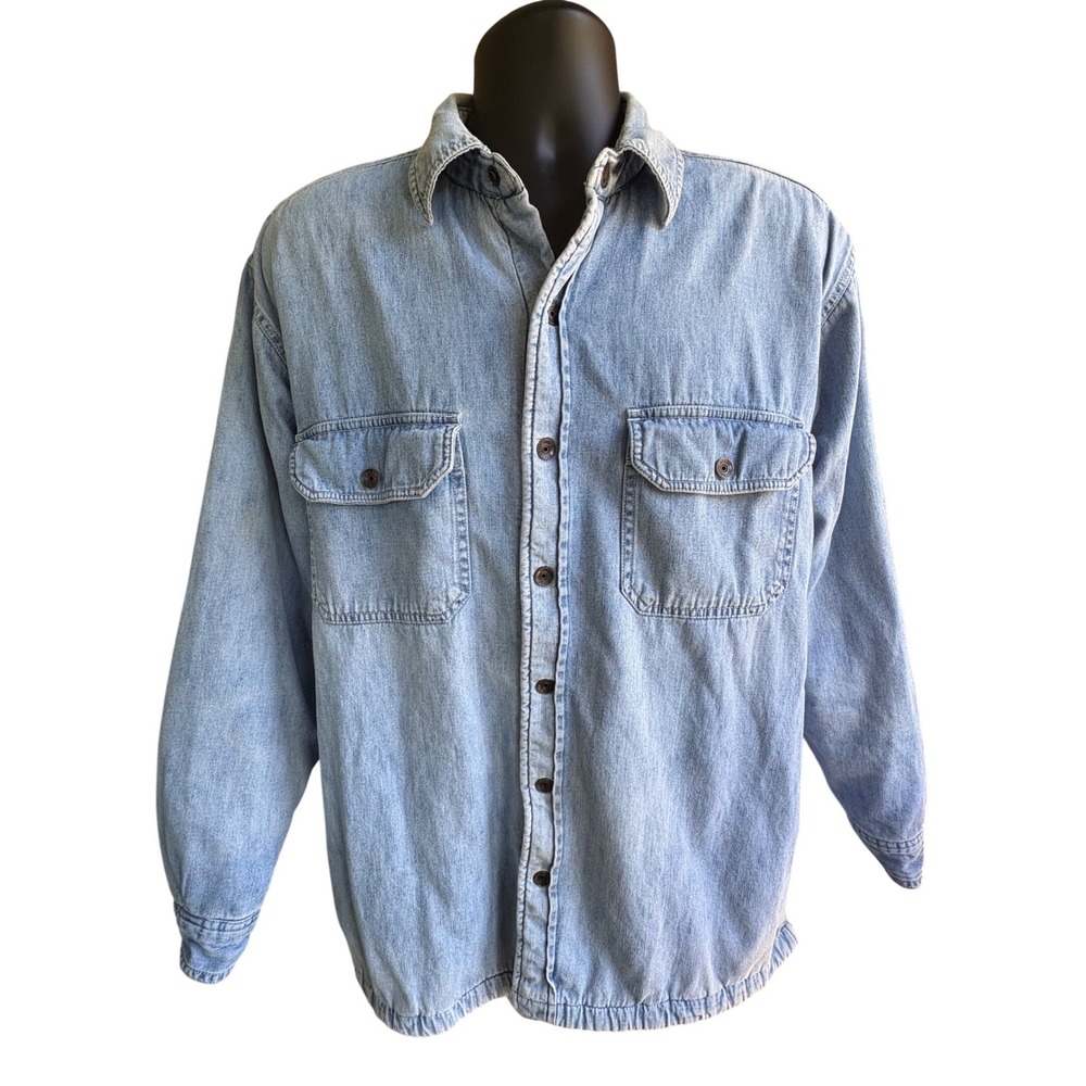 High Sierra Mens Denim Shirt Jacket Fleece Lined Light Wash Blue Red Large L